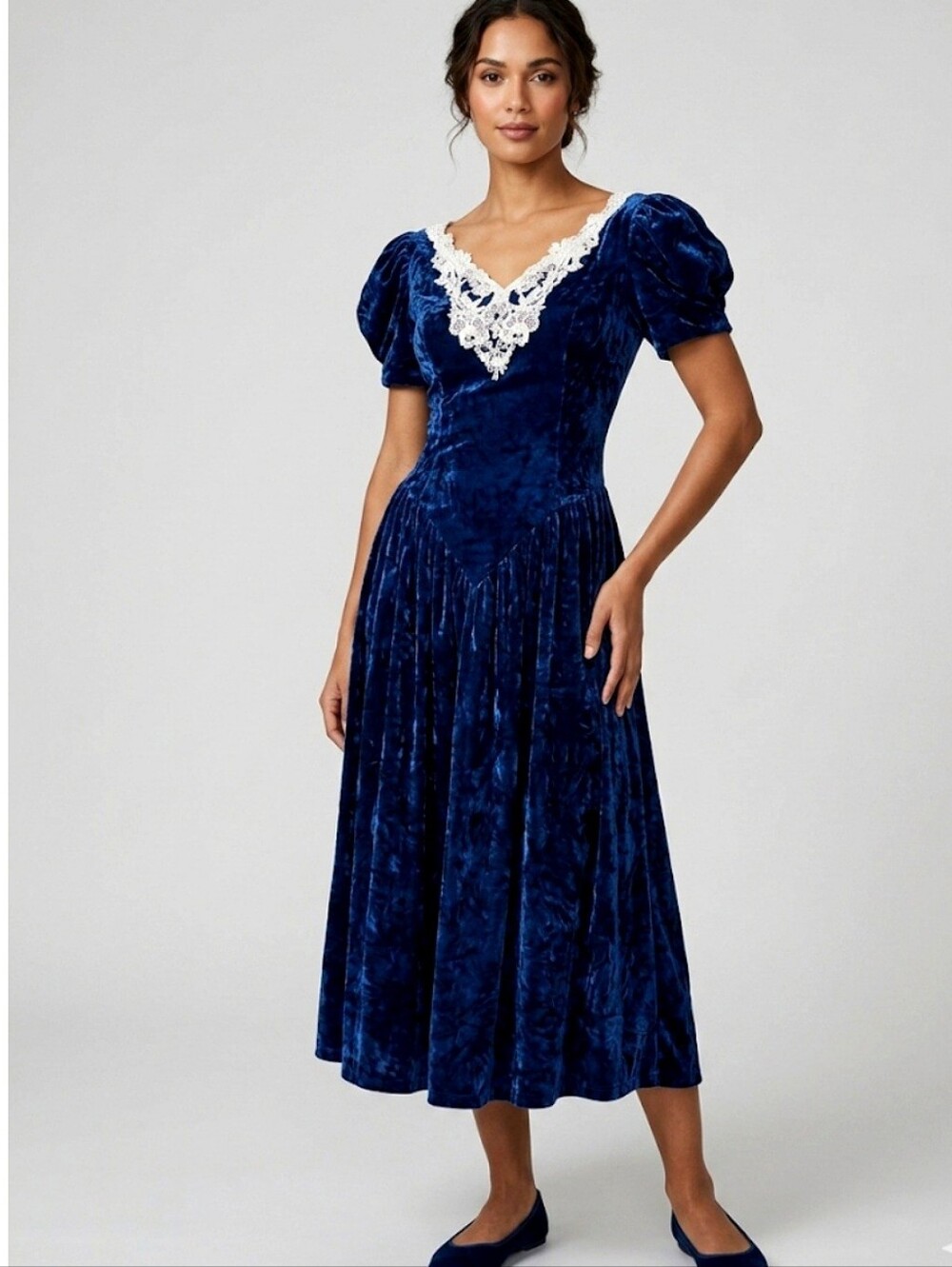 Gunne Sax by Jessica McClintock Vintage Blue Crushed Velvet Prairie Dress Size 3